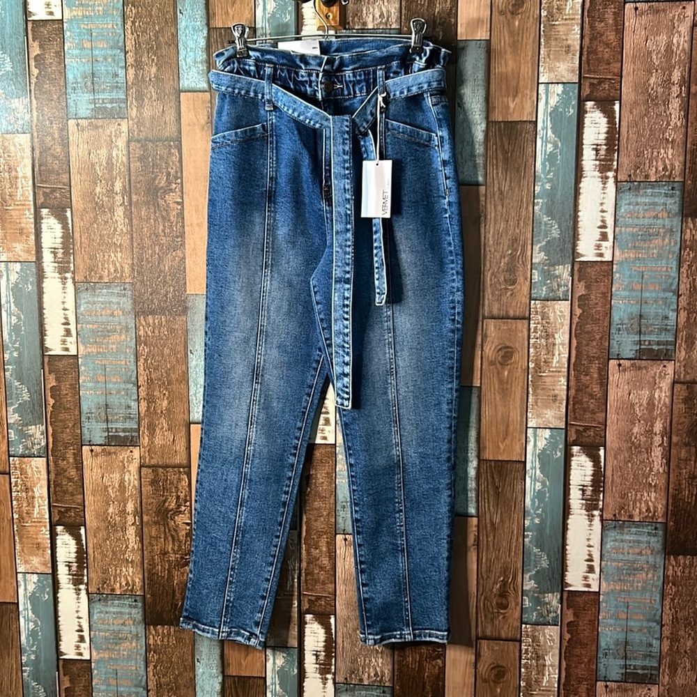 Verevet 27 blue wash paper-bag top jeans with belt